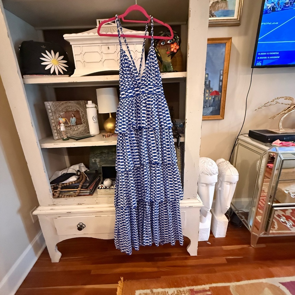 Ro's Garden Nevada Tiered V-Neck Sleeveless Maxi Dress NWT blue white nwt XL